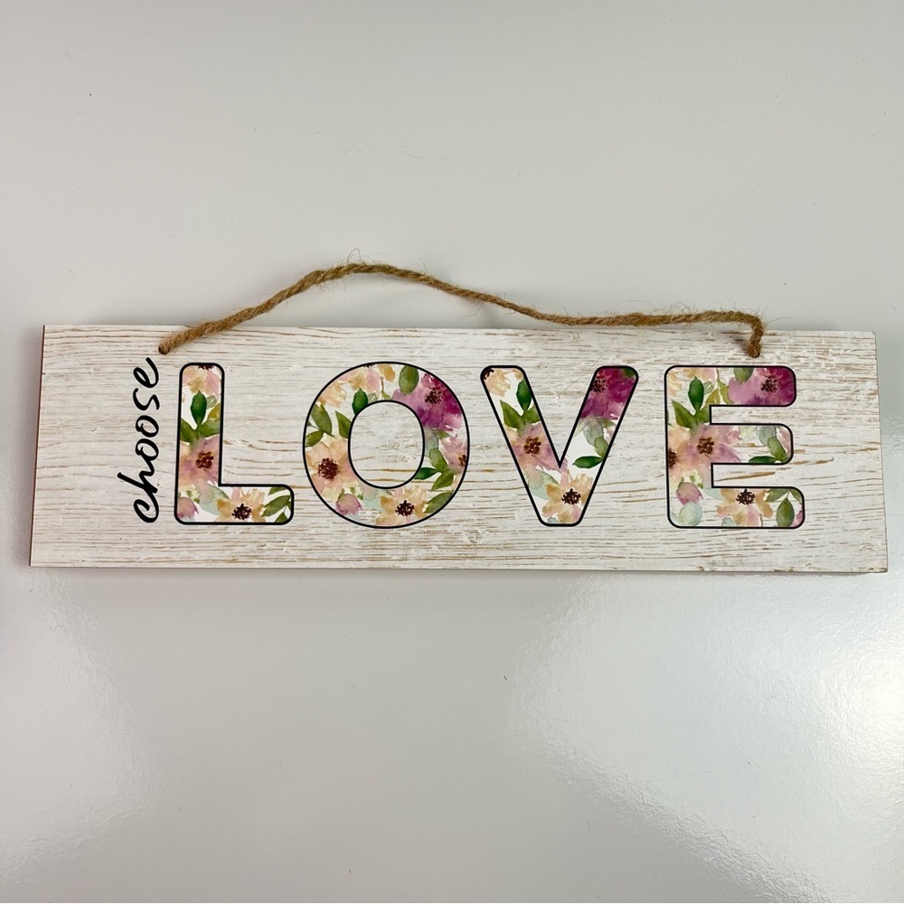 Wooden Floral Print “Love” Quote Hanging Wall Sign Jute Rope 11.25”x3.25”x0.5”